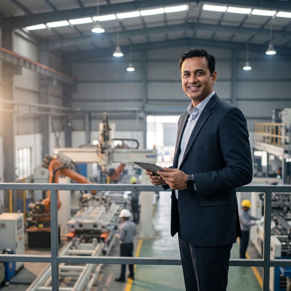 Business executive standing in a factory – Colour Cube Media