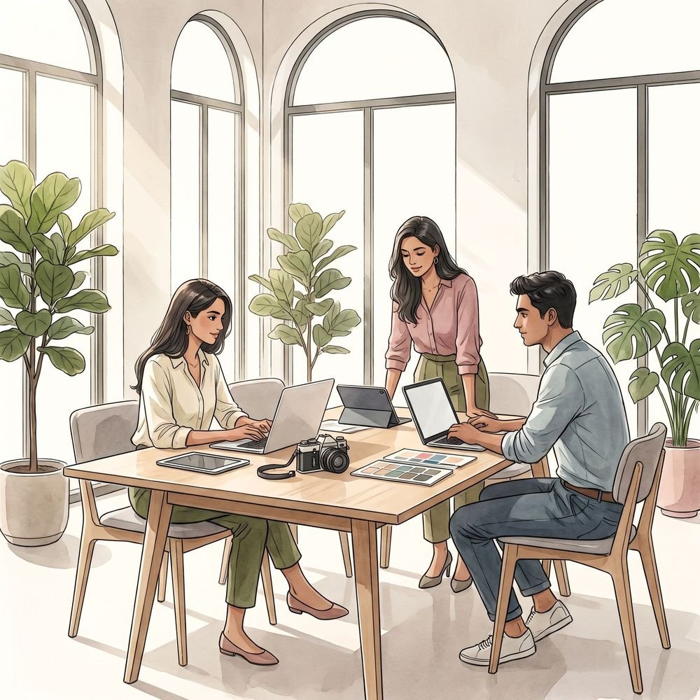 Creatives working in a bright studio – Colour Cube Media