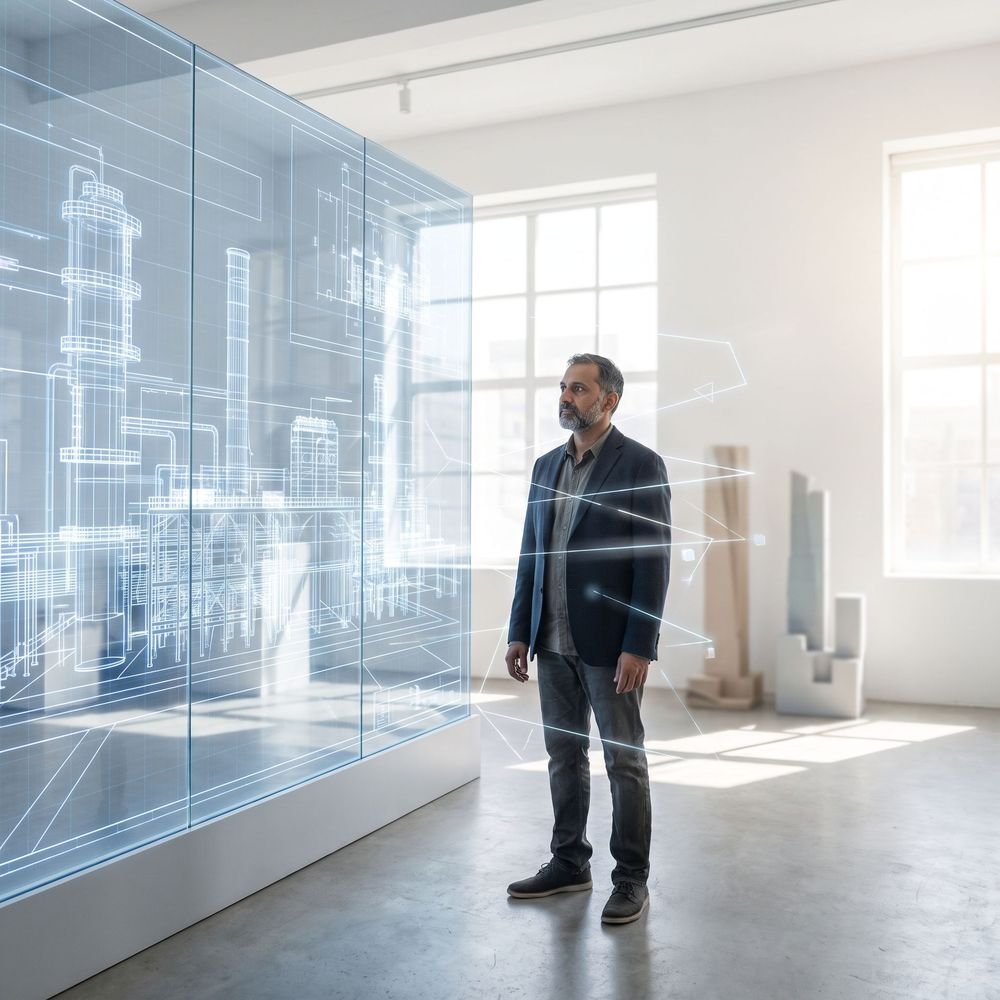 Engineer beside architectural blueprints – Colour Cube Media