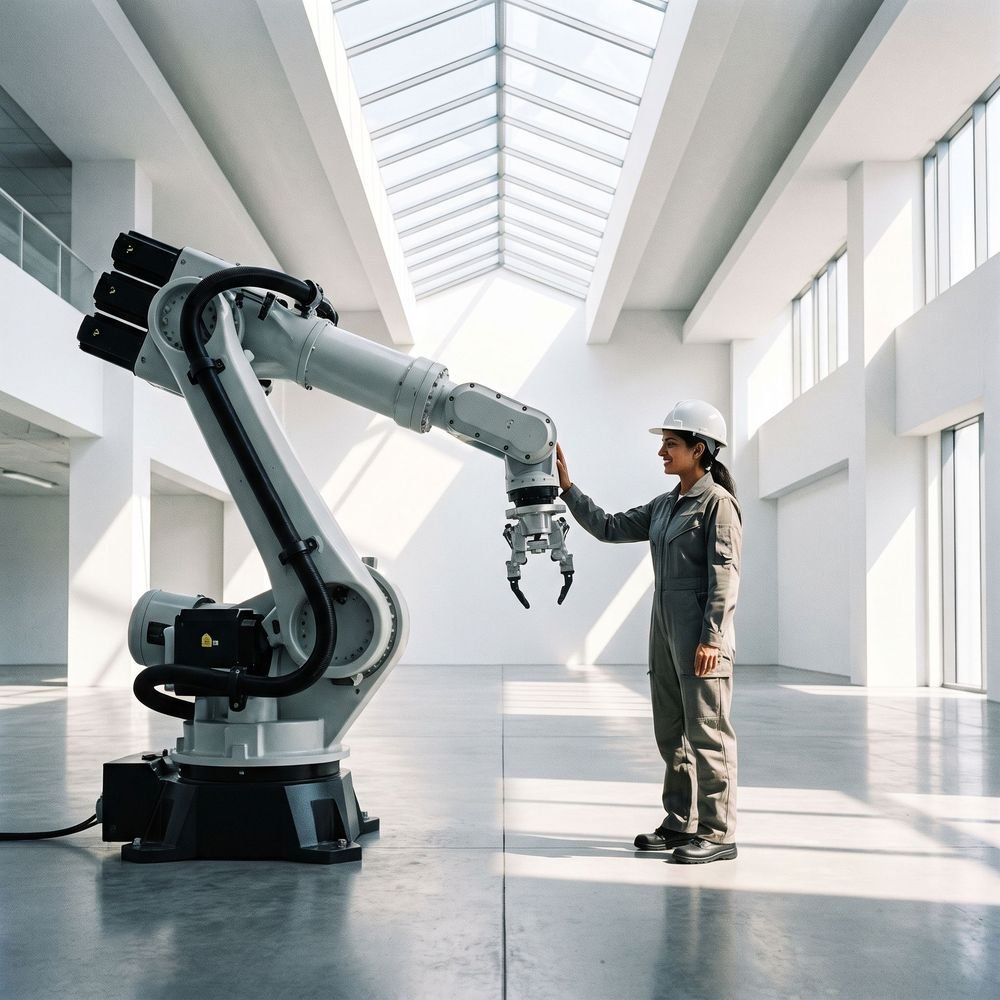 Engineer interacting with a robotic arm – Colour Cube Media