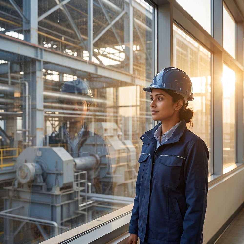 Engineer looking through a factory window – Colour Cube Media